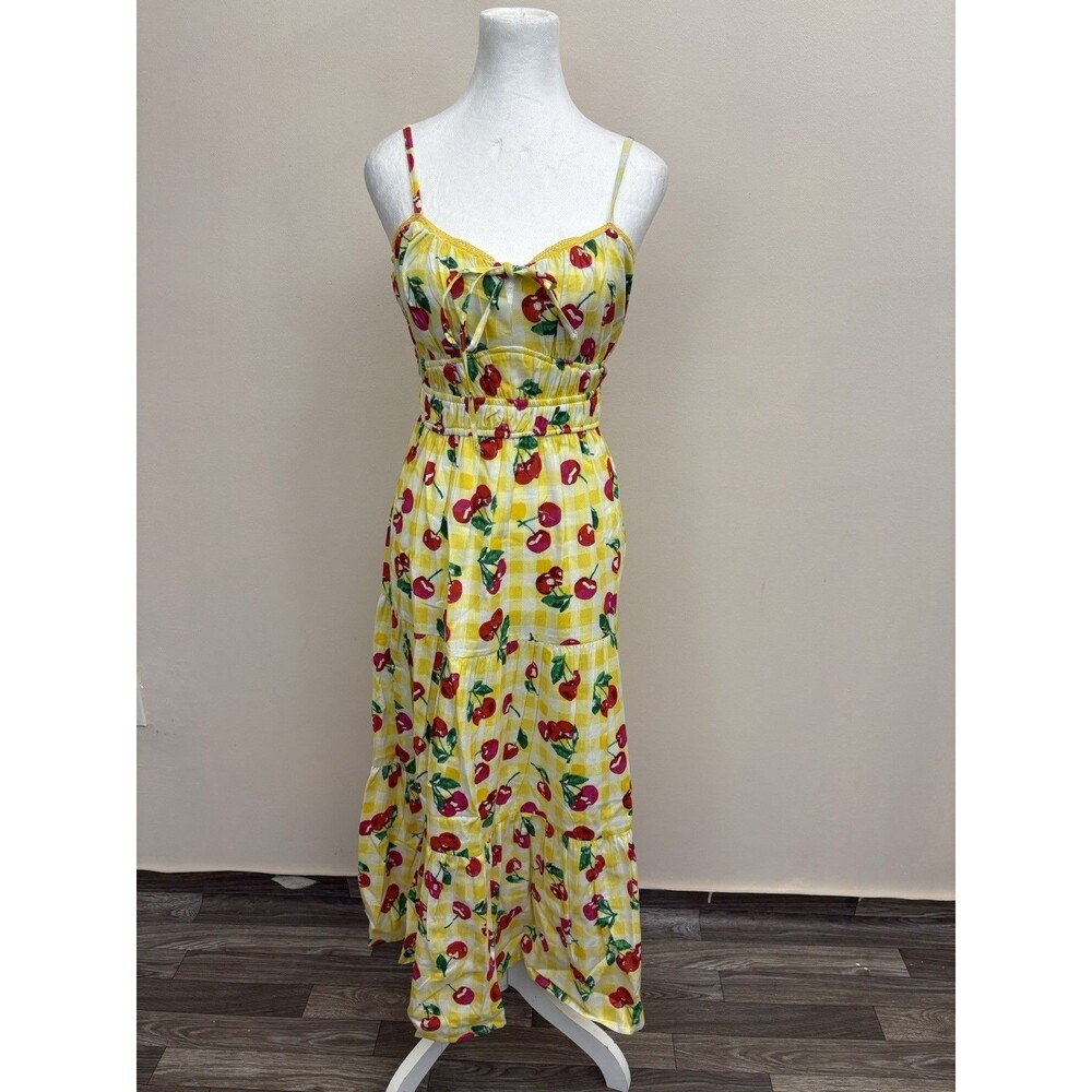 US Together Yellow Gingham Cherry Print Tiered Cami Midi Dress Size M Boho